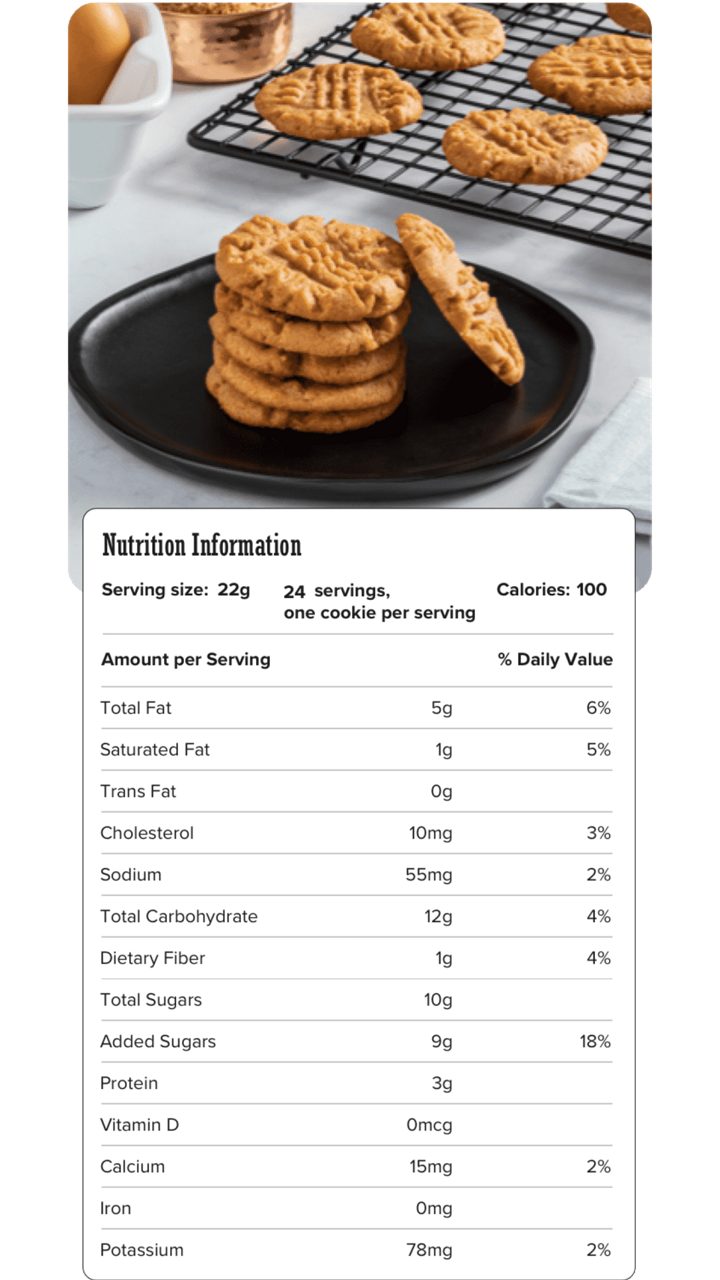 Image of nutrition information for 3 Ingredient Peanut Butter Cookies including serving size of 22 grams, 24 servings per recipe with 1 cookie per serving, and 100 calories per serving.
