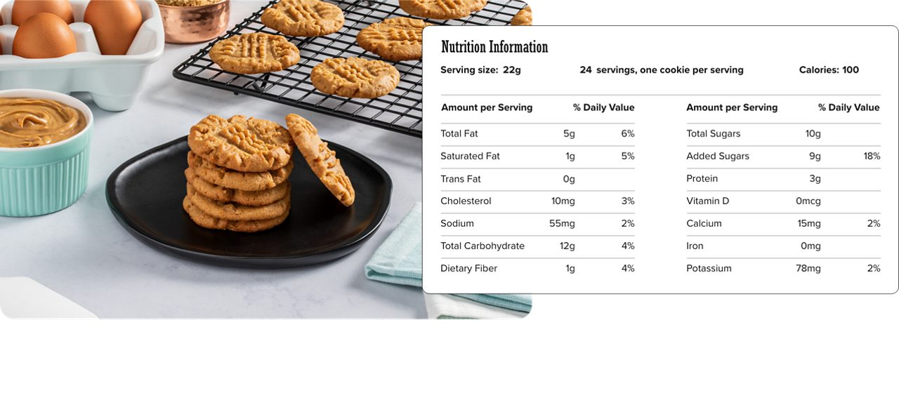 Image of nutrition information for 3 Ingredient Peanut Butter Cookies including serving size of 22 grams, 24 servings per recipe with 1 cookie per serving, and 100 calories per serving.