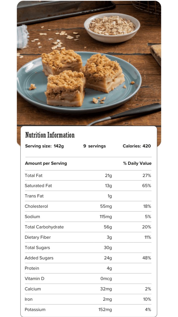 Image of nutrition information for Apple Pie Bars including serving size of 142 grams, 9 servings per recipe, and 420 calories per serving.