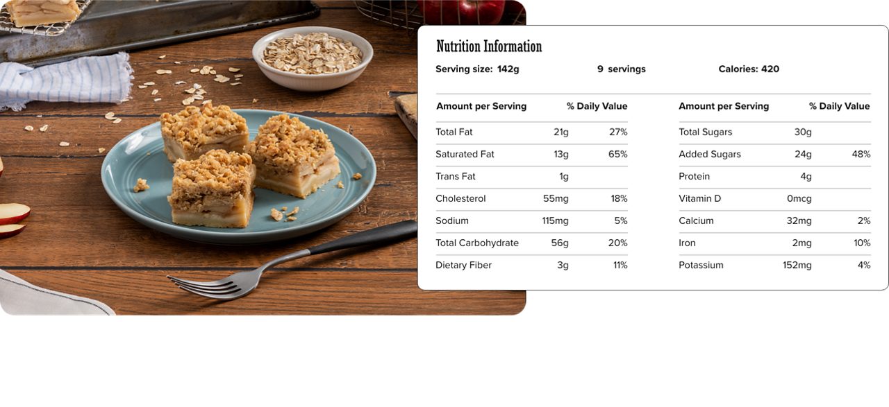 Image of nutrition information for Apple Pie Bars including serving size of 142 grams, 9 servings per recipe, and 420 calories per serving.