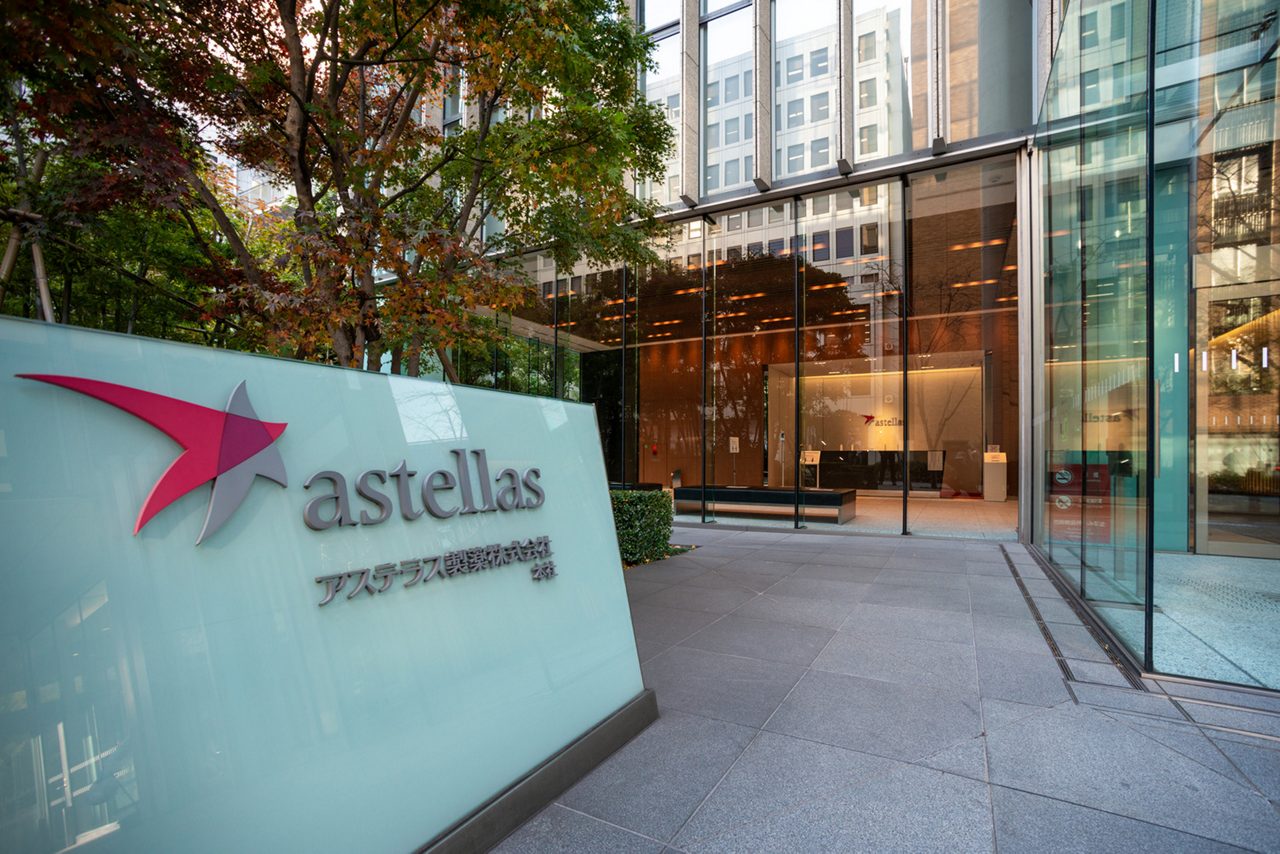 Exterior of Astellas’ Tokyo headquarters,  representing its global operations across 70+  countries.