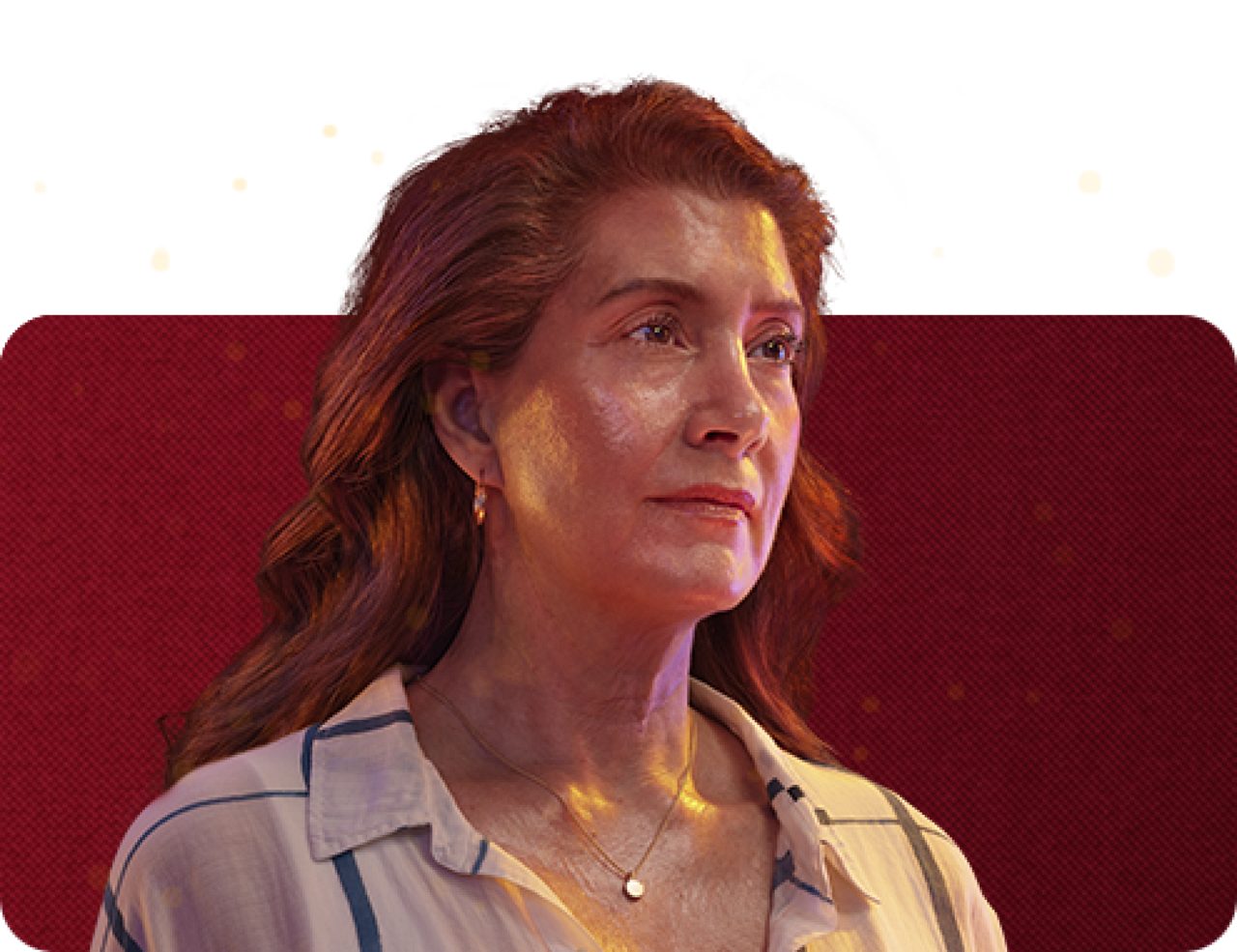 A middle-aged menopausal White woman with perspiration on her face and neck looks off to the right.