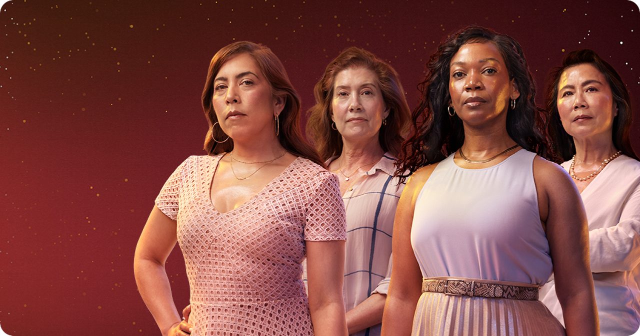 Middle-aged menopausal White, Black, Hispanic, and Asian women looking confident with light reflecting on their perspiration.