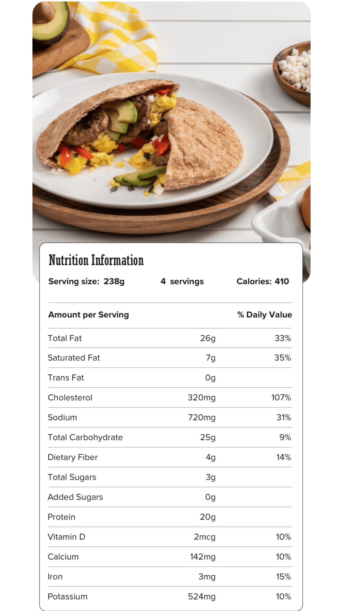 Image of nutrition information for Avocado Pita Breakfast Sandwich including serving size of 238 grams, 4 servings per recipe, and 410 calories per serving.