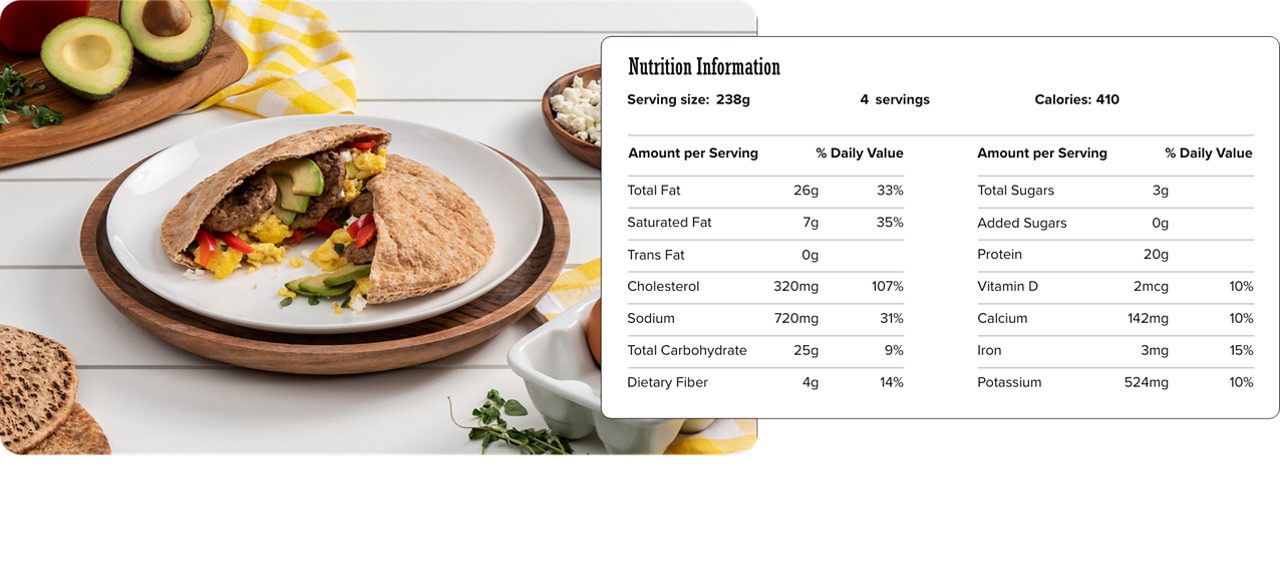 Image of nutrition information for Avocado Pita Breakfast Sandwich including serving size of 238 grams, 4 servings per recipe, and 410 calories per serving.
