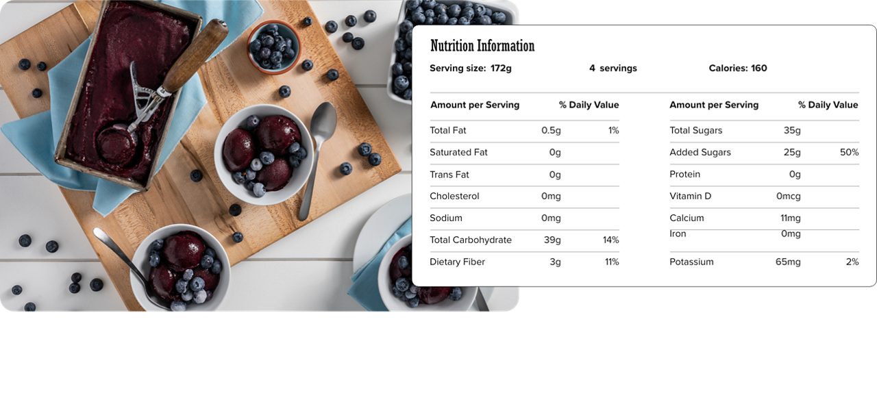 Image of nutrition information for Blueberry Sorbet including serving size of 172 grams, 4 servings per recipe, and 160 calories per serving.