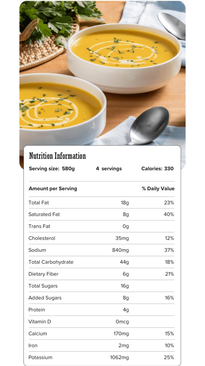 Image of nutrition information for Butternut Squash Soup including serving size of 580 grams, 4 servings per recipe, and 330 calories per serving.