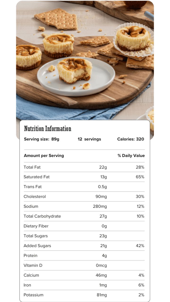 Image of nutrition information for Caramel Cheesecake Bites including serving size of 89 grams, 12 servings per recipe, and 320 calories per serving.