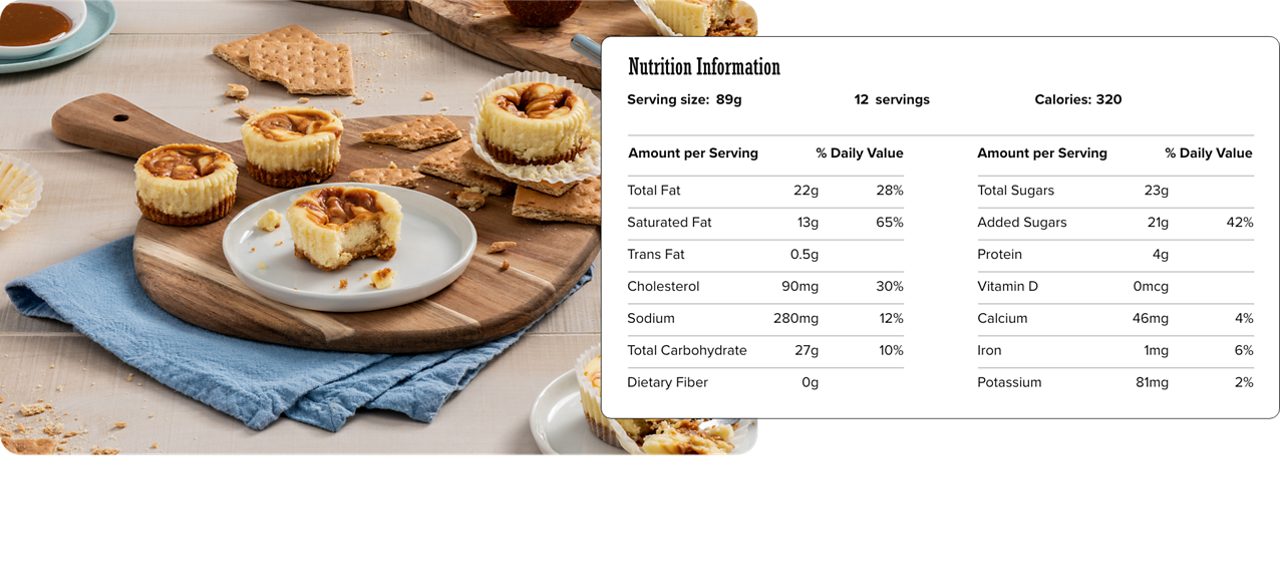 Image of nutrition information for Caramel Cheesecake Bites including serving size of 89 grams, 12 servings per recipe, and 320 calories per serving.