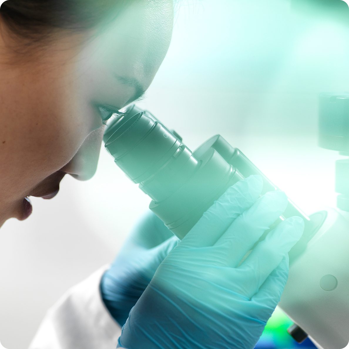 A scientist studies samples under a microscope, advancing Astellas' R&D for innovative, patient-centered therapies.