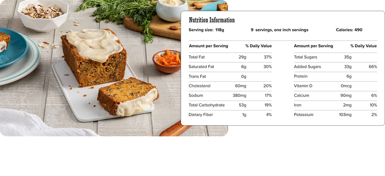 Image of nutrition information for Carrot Loaf Cake including serving size of 118 grams, 9 servings per recipe of one inch servings, and 490 calories per serving.