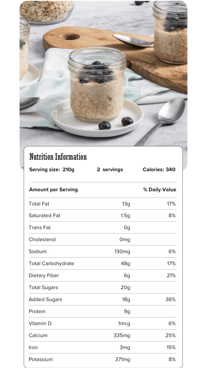 Image of nutrition information for Dairy-Free Overnight Almond Butter Oats including serving size of 210 grams, 2 servings per recipe, and 340 calories per serving.