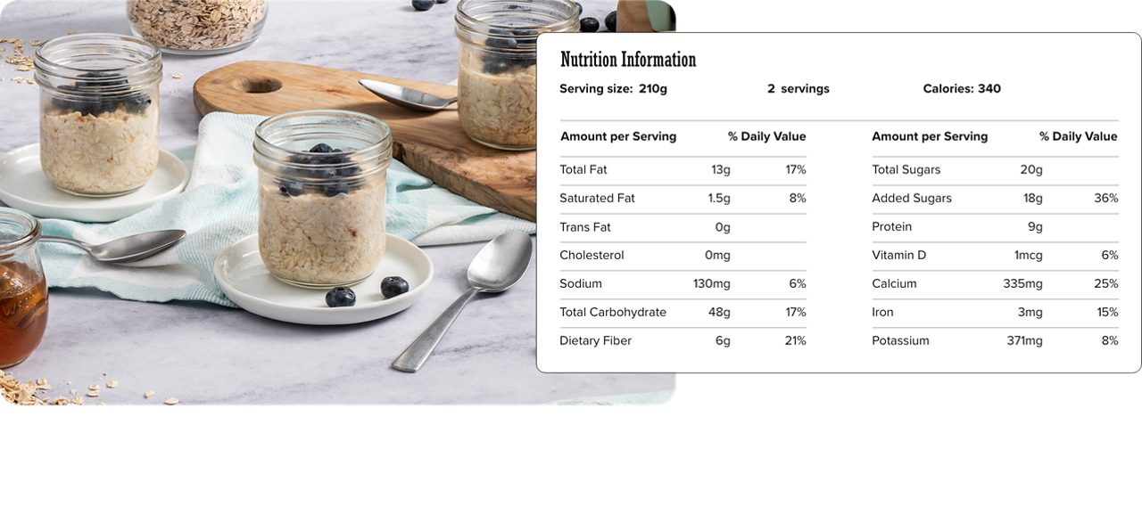 Image of nutrition information for Dairy-Free Overnight Almond Butter Oats including serving size of 210 grams, 2 servings per recipe, and 340 calories per serving.
