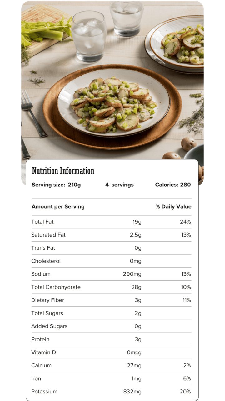 Image of nutrition information for Dill Red-Skin Potato Salad including serving size of 210 grams, 4 servings per recipe, and 280 calories per serving.