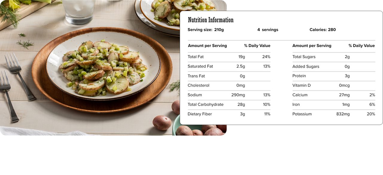 Image of nutrition information for Dill Red-Skin Potato Salad including serving size of 210 grams, 4 servings per recipe, and 280 calories per serving.