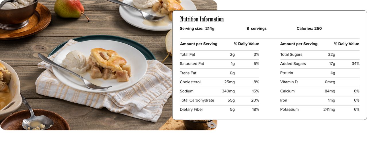 Image of nutrition information for Easy Pear Cobbler including serving size of 214 grams, 8 servings per recipe, and 250 calories per serving.