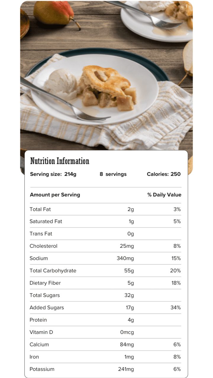 Image of nutrition information for Easy Pear Cobbler including serving size of 214 grams, 8 servings per recipe, and 250 calories per serving.