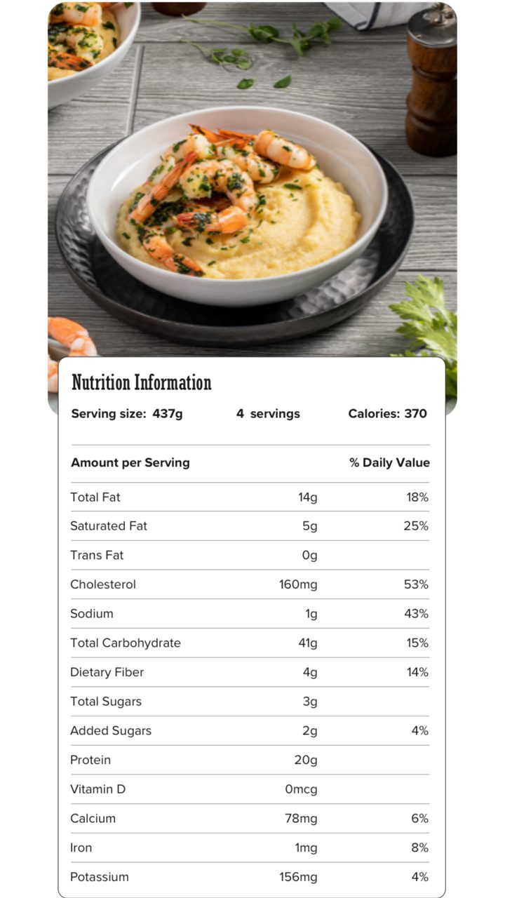 Image of nutrition information for Easy Polenta with Garlic Herb Shrimp including serving size of 437 grams, 4 servings per recipe, and 370 calories per serving.