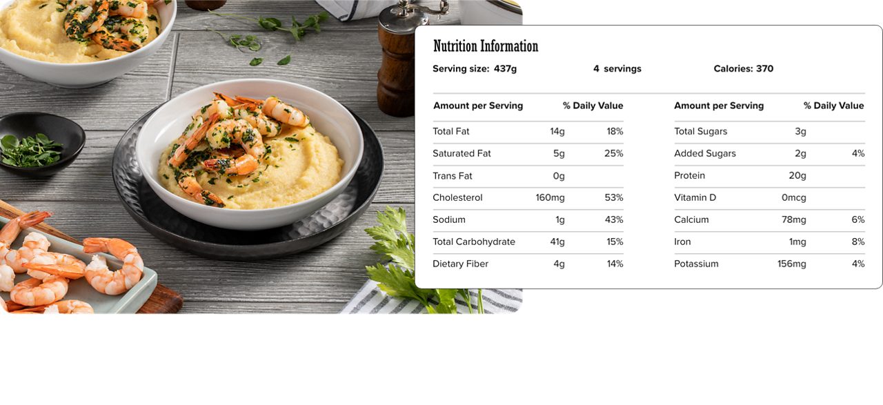 Image of nutrition information for Easy Polenta with Garlic Herb Shrimp including serving size of 437 grams, 4 servings per recipe, and 370 calories per serving.