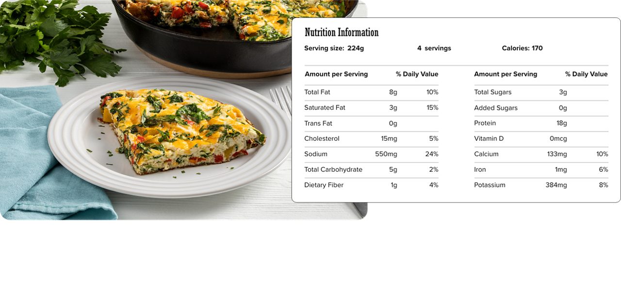 Image of nutrition information for Egg White, Squash & Spinach Frittata including serving size of 224 grams, 4 servings per recipe, and 170 calories per serving.