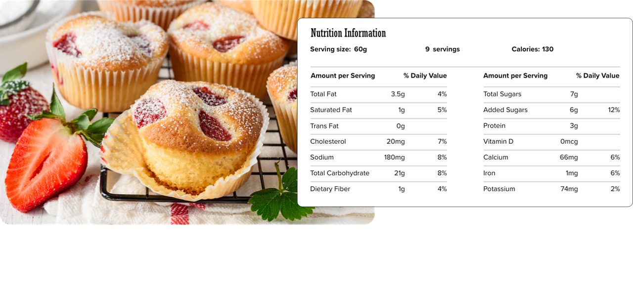 Image of nutrition information for Fabulous Fruit Muffins including serving size of 60 grams, 9 servings per recipe, and 130 calories per serving.