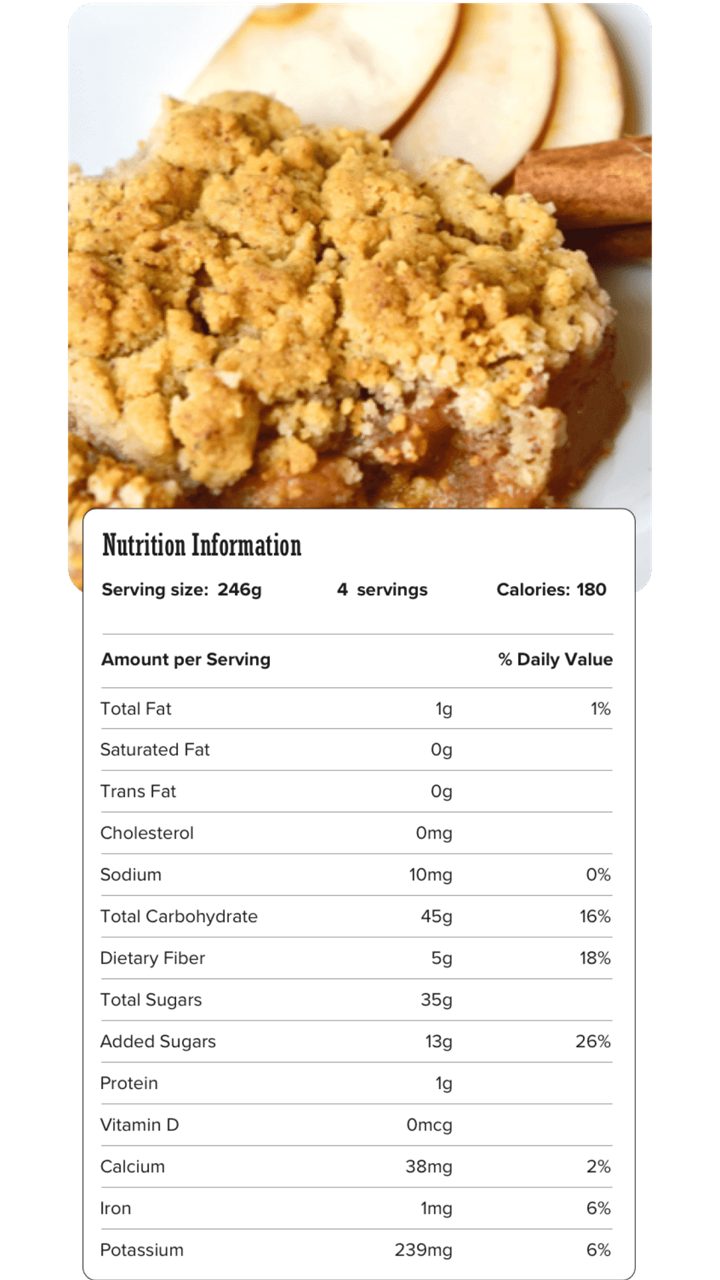 Image of nutrition information for Fat-free Apple Crumb Dessert including serving size of 246 grams, 4 servings per recipe, and 180 calories per serving.