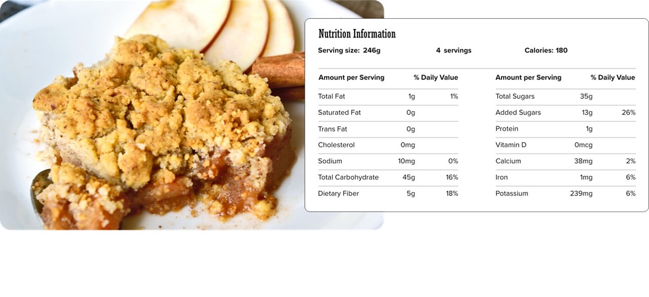 Image of nutrition information for Fat-free Apple Crumb Dessert including serving size of 246 grams, 4 servings per recipe, and 180 calories per serving.
