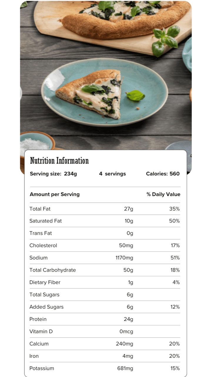 Image of nutrition information for Garlic Chicken & Spinach White Pizza including serving size of 234 grams, 4 servings per recipe, and 560 calories per serving.
