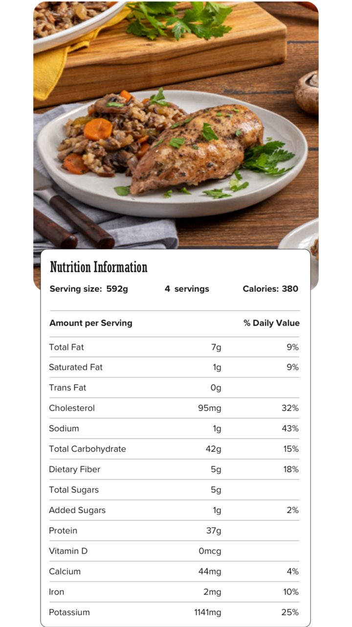 Image of nutrition information for Slow Cooker Chicken with Wild Rice & Vegetables including serving size of 592 grams, 4 servings per recipe, and 380 calories per serving.