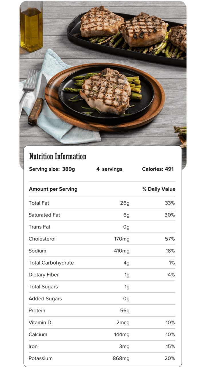 Image of nutrition information for Grilled Rosemary Pork Chops with Grilled Asparagus including serving size of 389 grams, 4 servings per recipe, and 491 calories per serving.
