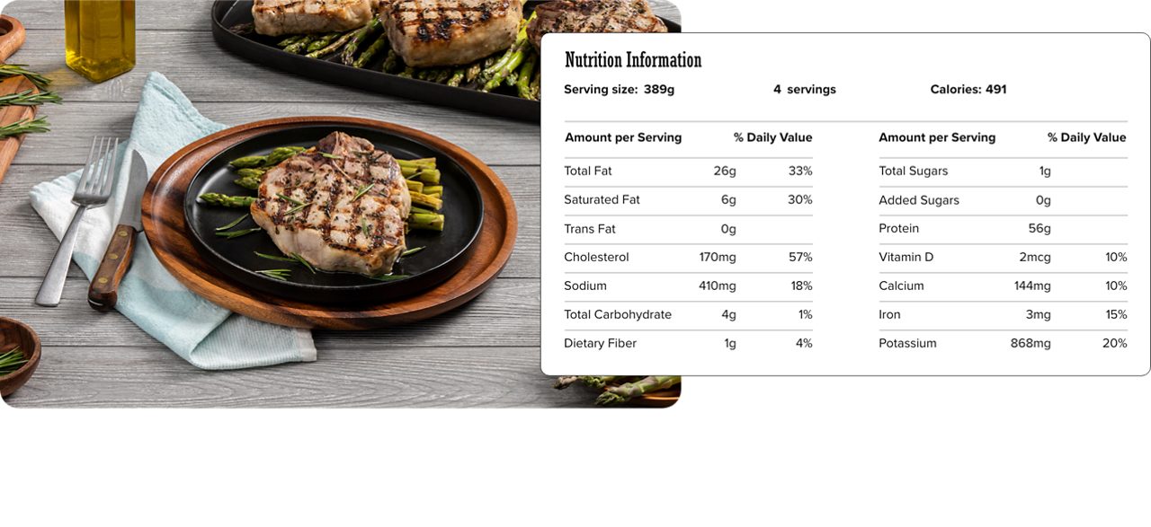Image of nutrition information for Grilled Rosemary Pork Chops with Grilled Asparagus including serving size of 389 grams, 4 servings per recipe, and 491 calories per serving.