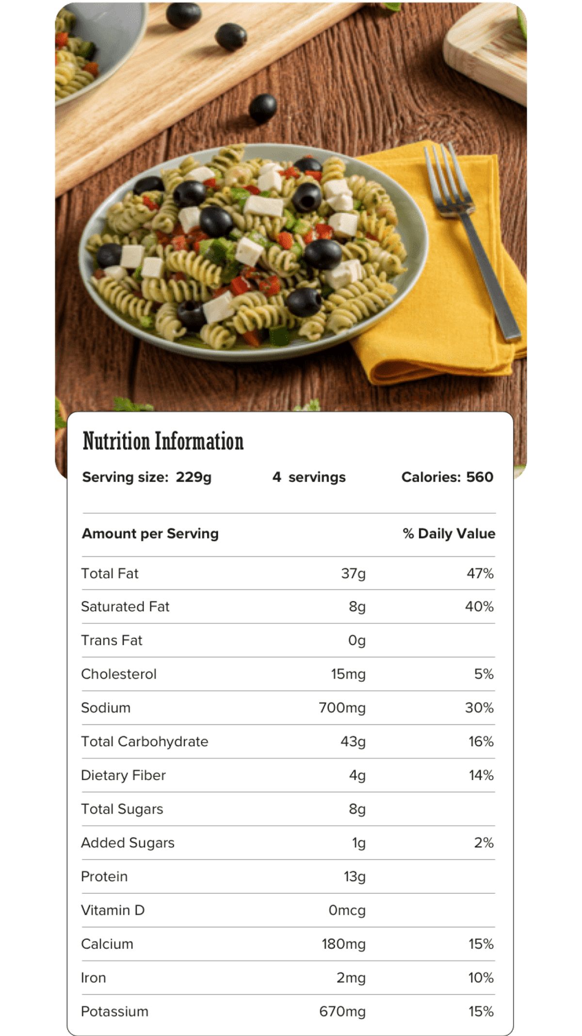 Image of nutrition information for Herbed Pasta Salad including serving size of 229 grams, 4 servings per recipe, and 560 calories per serving.