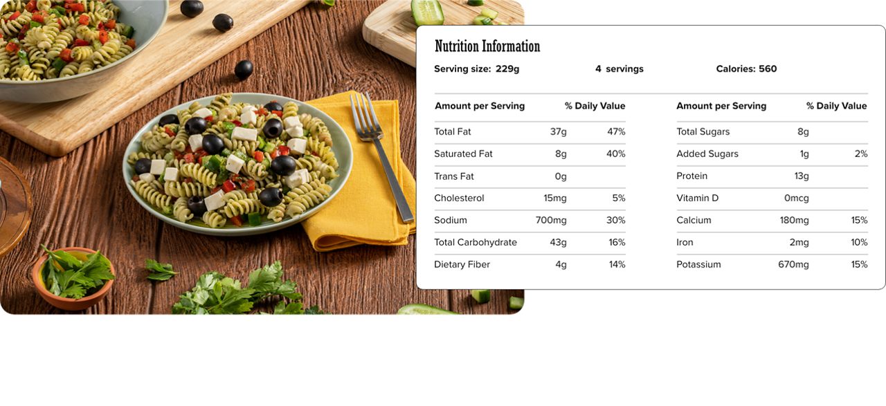 Image of nutrition information for Herbed Pasta Salad including serving size of 229 grams, 4 servings per recipe, and 560 calories per serving.