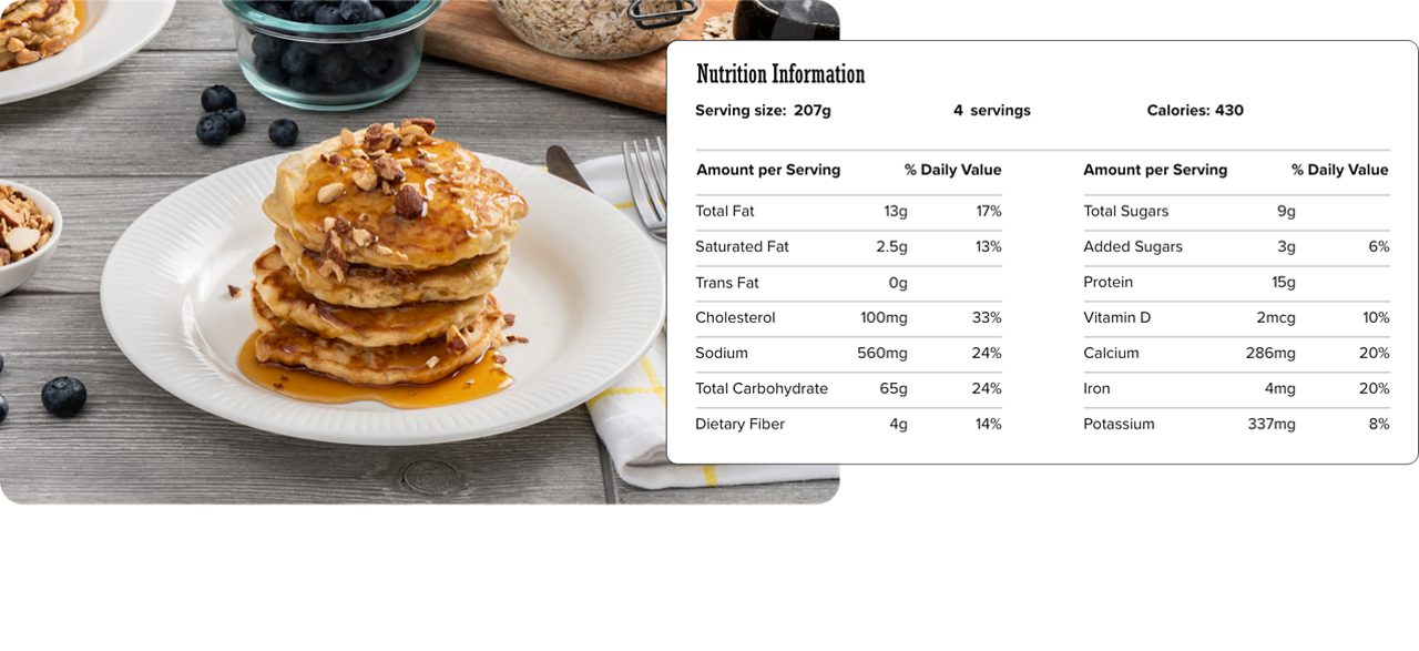 Image of nutrition information for Low-fat Oatmeal Pancakes including serving size of 207 grams, 4 servings per recipe, and 430 calories per serving.