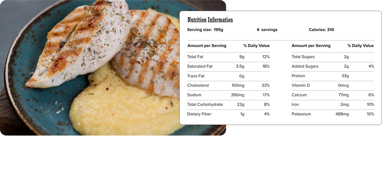 Image of nutrition information for Low-fat Parmesan Chicken & Polenta including serving size of 195 grams, 4 servings per recipe, and 310 calories per serving.