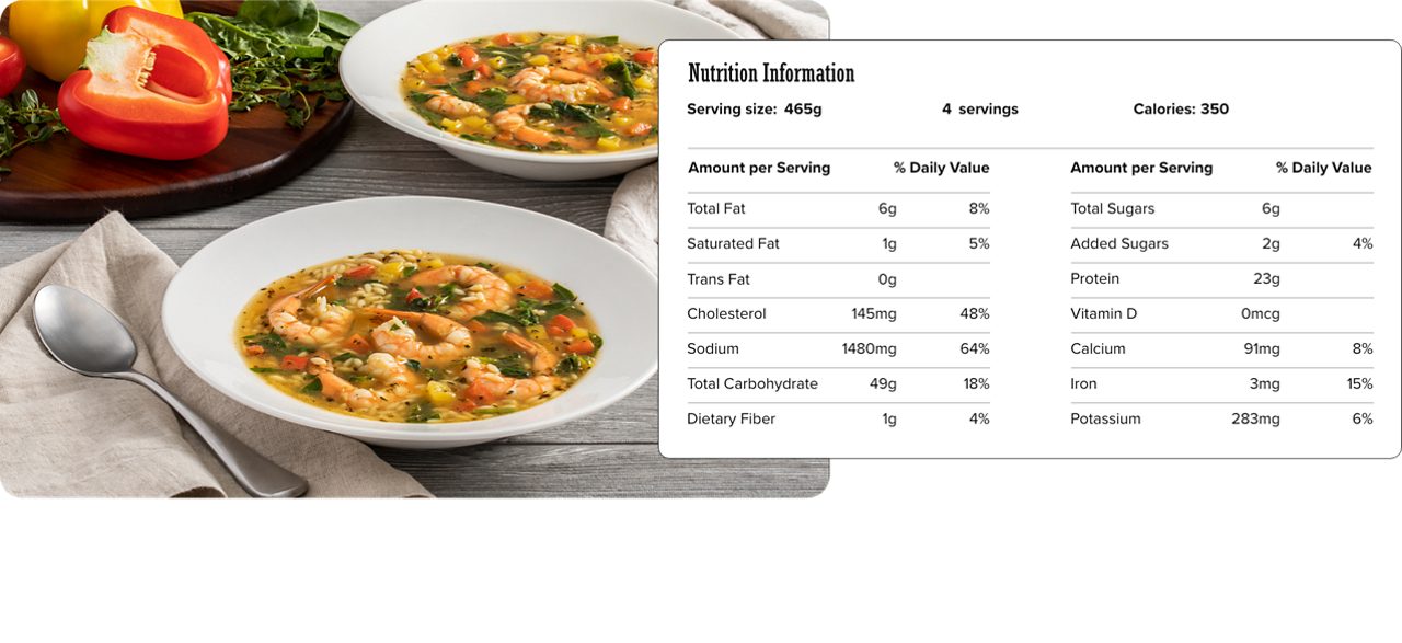 Image of nutrition information for Mediterranean Shrimp & Orzo Soup including serving size of 465 grams, 4 servings per recipe, and 350 calories per serving.