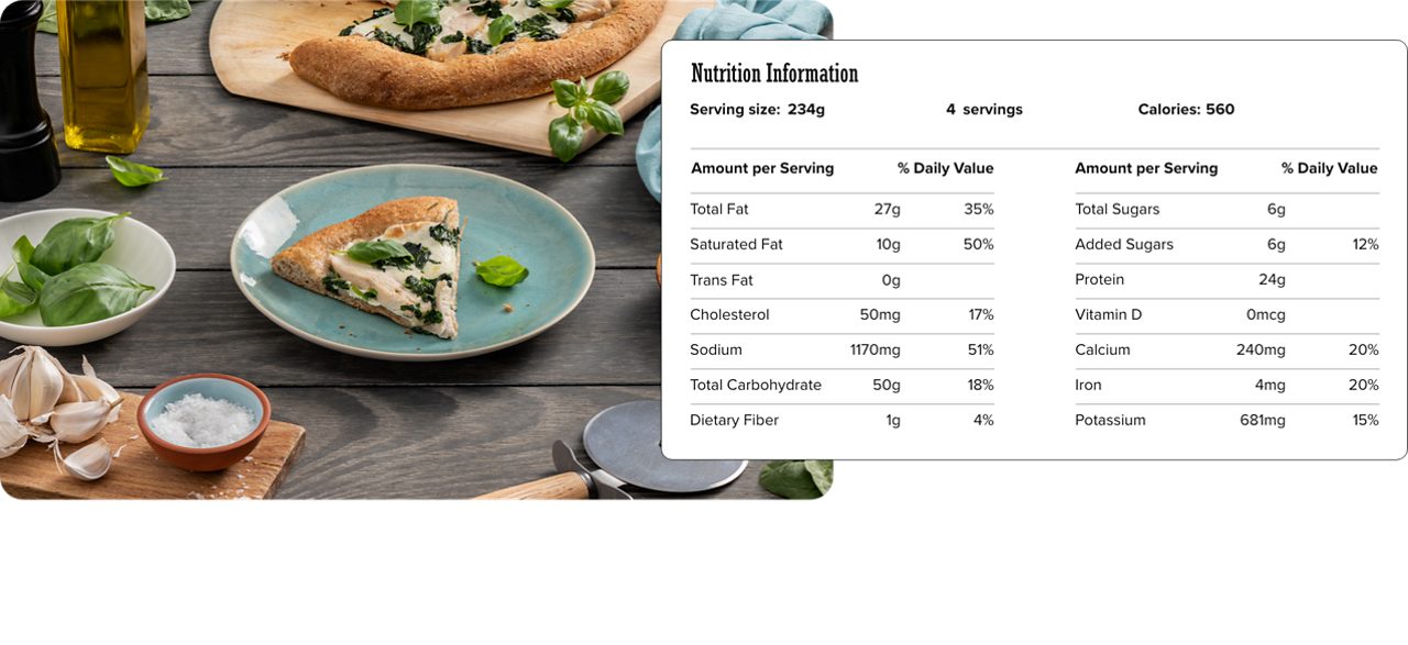 Image of nutrition information for Garlic Chicken & Spinach White Pizza including serving size of 234 grams, 4 servings per recipe, and 560 calories per serving.