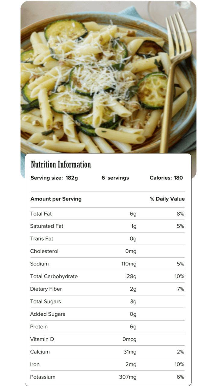 Image of nutrition information for Pasta with Zucchini & Roasted Garlic including serving size of 182 grams, 6 servings per recipe, and 180 calories per serving.
