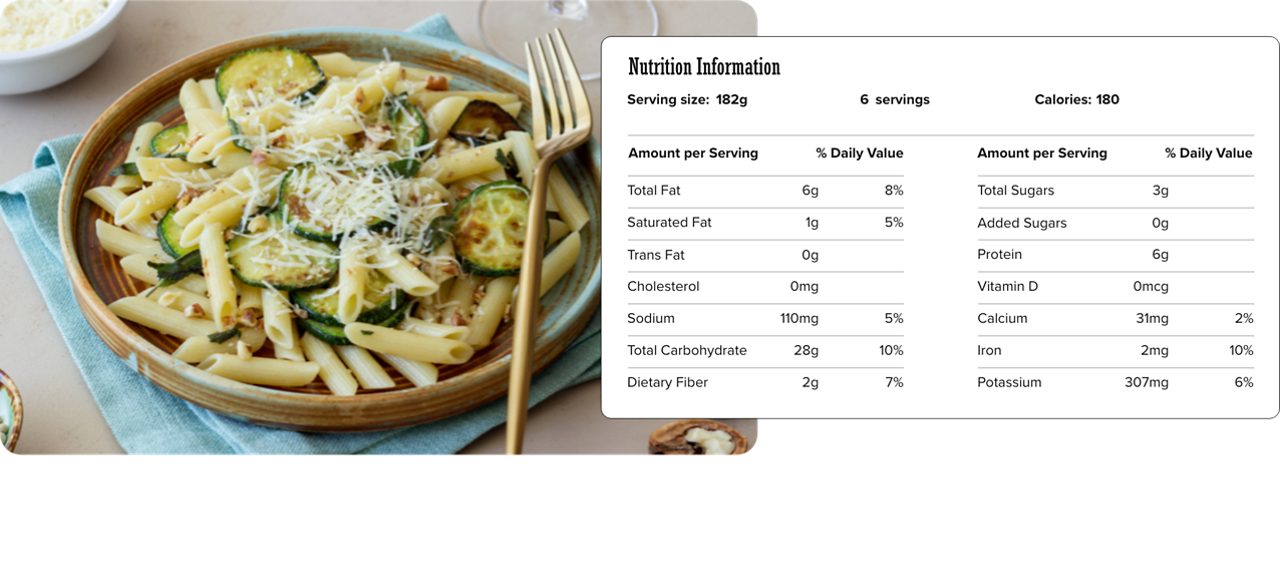 Image of nutrition information for Pasta with Zucchini & Roasted Garlic including serving size of 182 grams, 6 servings per recipe, and 180 calories per serving.