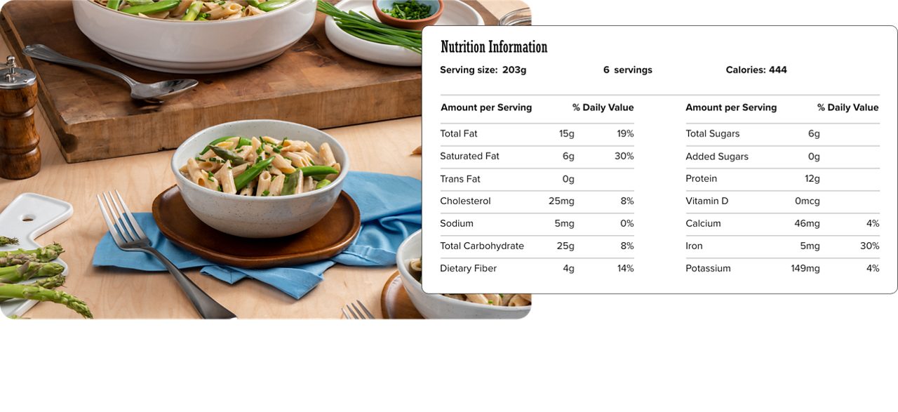 Image of nutrition information for Penne with Asparagus & Snap Peas including serving size of 203 grams, 6 servings per recipe, and 444 calories per serving.