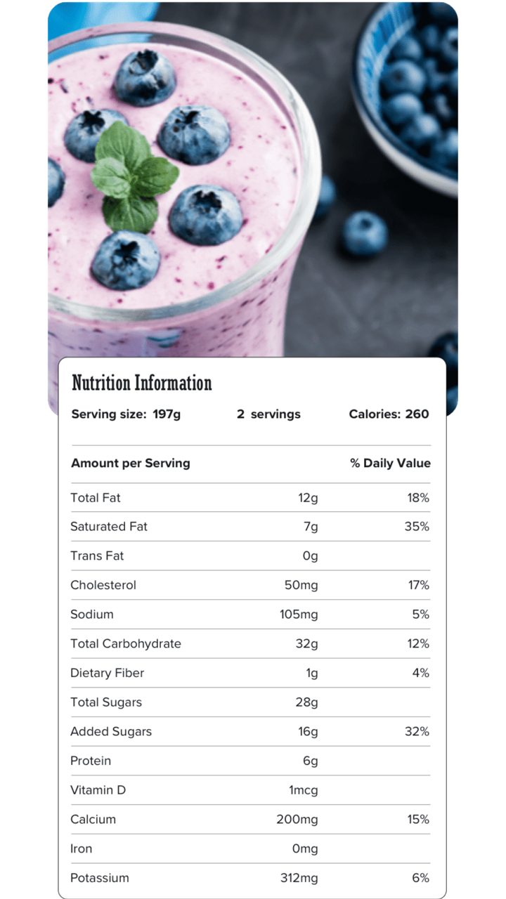 Image of nutrition information for Purple Passion Smoothie including serving size of 197 grams, 2 servings per recipe, and 260 calories per serving.