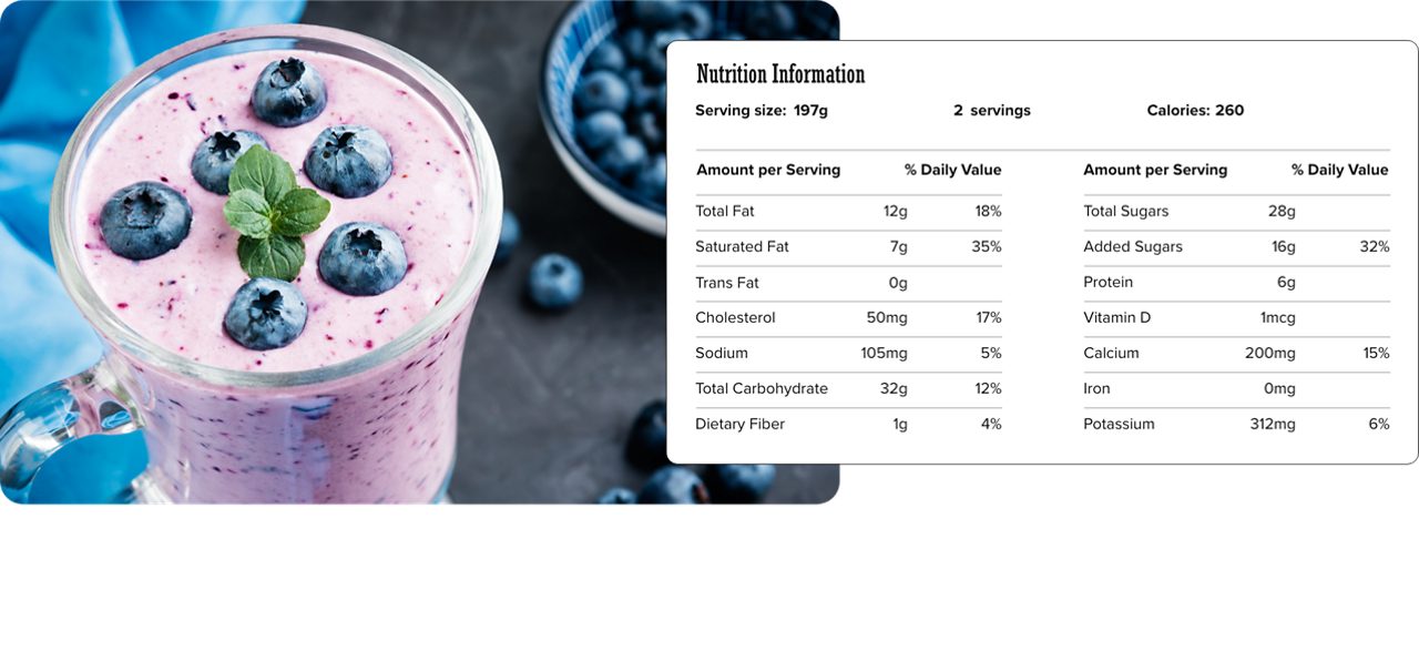 Image of nutrition information for Purple Passion Smoothie including serving size of 197 grams, 2 servings per recipe, and 260 calories per serving.