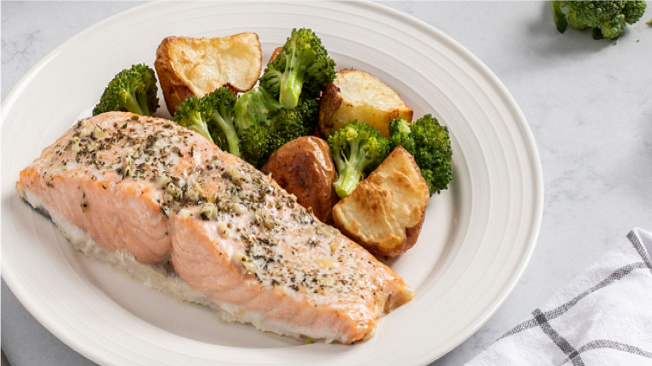 Image of a salmon fillet with some broccoli and potatoes