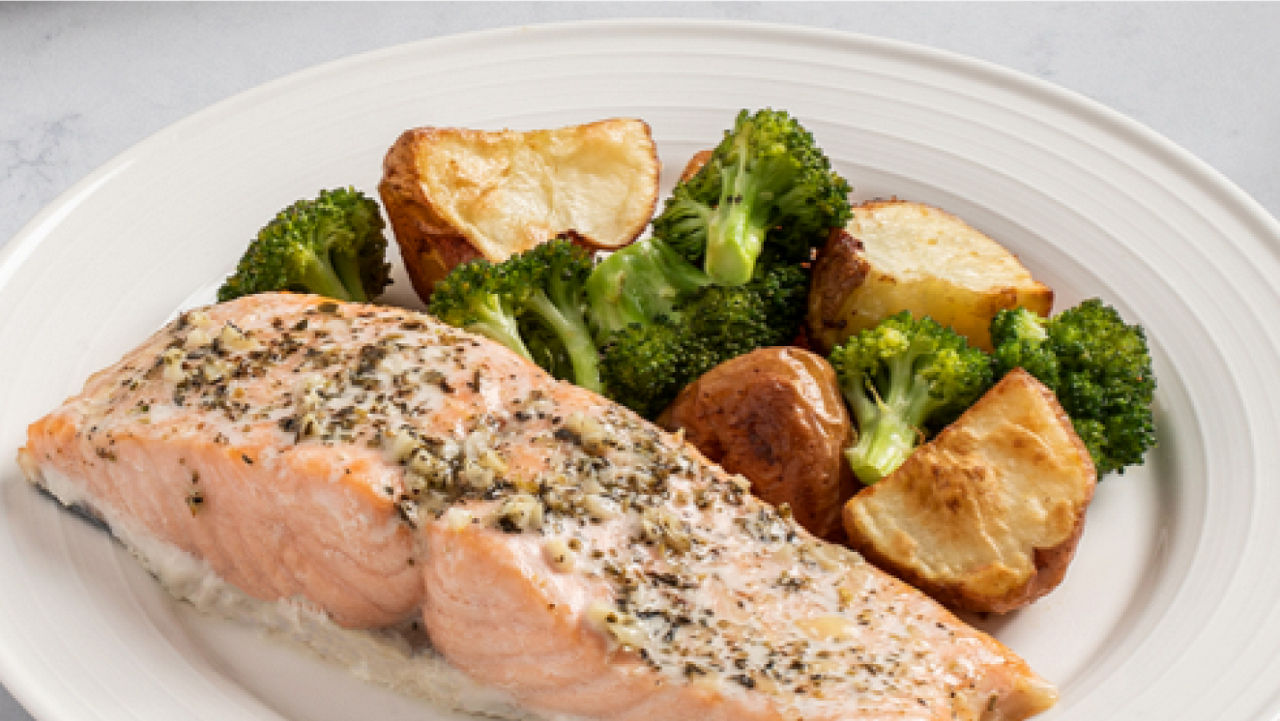 Image of a salmon fillet with some broccoli and potatoes