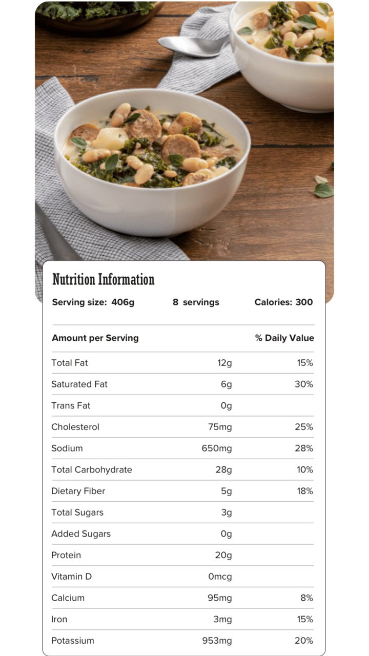 Image of nutrition information for Slow Cooker Creamy Tuscan Soup including serving size of 406 grams, 8 servings per recipe, and 300 calories per serving.