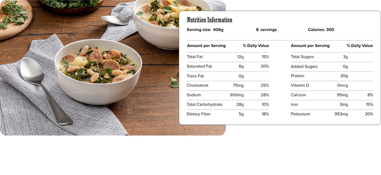 Image of nutrition information for Slow Cooker Creamy Tuscan Soup including serving size of 406 grams, 8 servings per recipe, and 300 calories per serving.