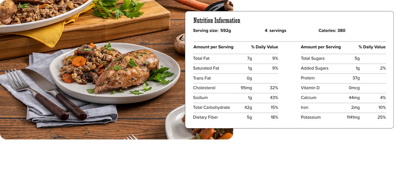 Image of nutrition information for Slow Cooker Chicken with Wild Rice & Vegetables including serving size of 592 grams, 4 servings per recipe, and 380 calories per serving.