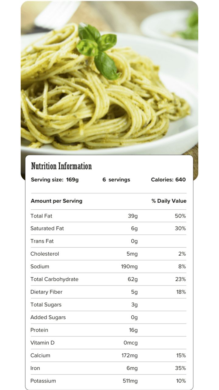 Image of nutrition information for Spaghetti with Parsley Pesto including serving size of 169 grams, 6 servings per recipe, and 640 calories per serving.