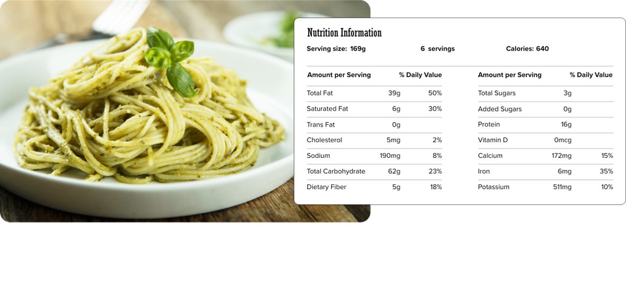 Image of nutrition information for Spaghetti with Parsley Pesto including serving size of 169 grams, 6 servings per recipe, and 640 calories per serving.