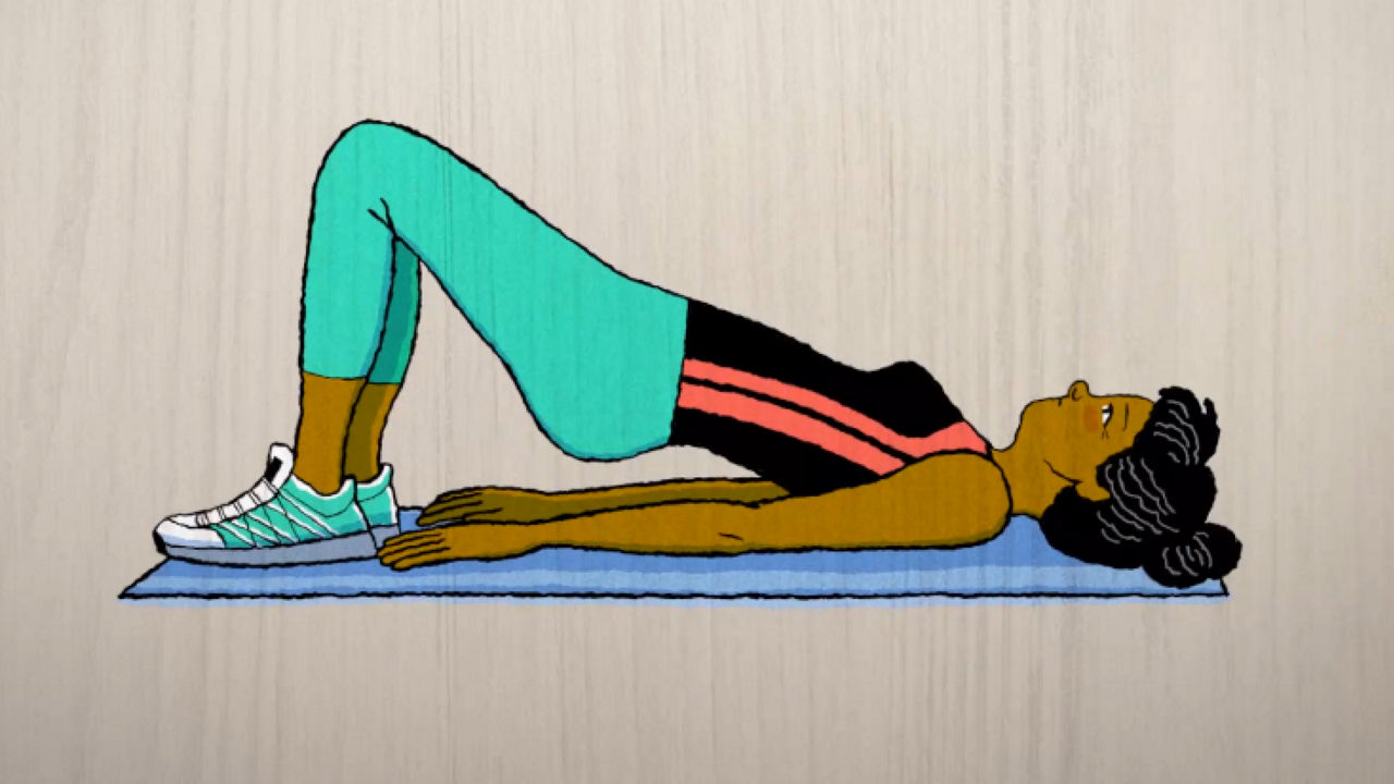 Image of a women stretching over a mat in the floor